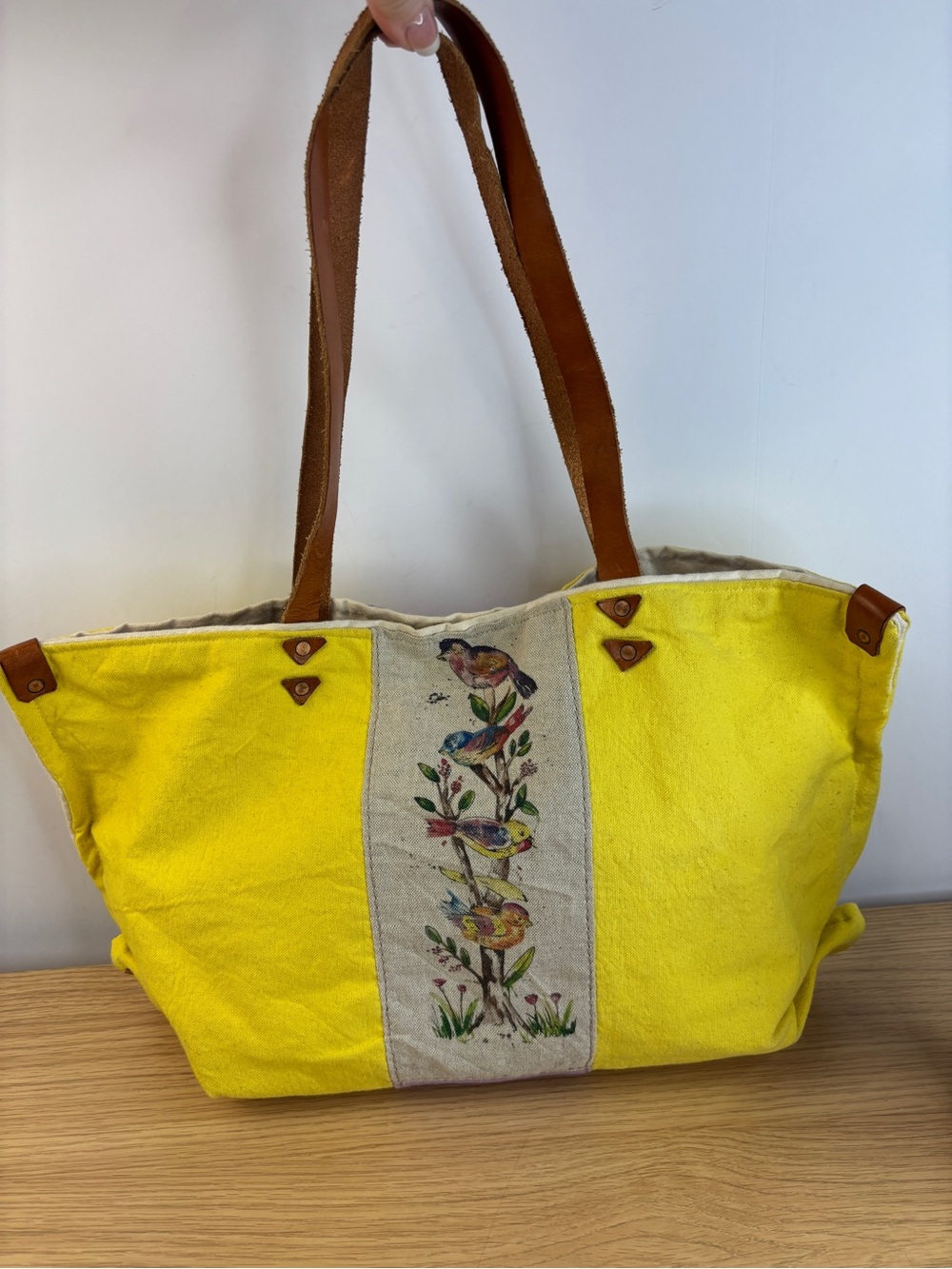Arden‎ + James Artisan Lemon Yellow Bird Tote Leather Straps and Accents